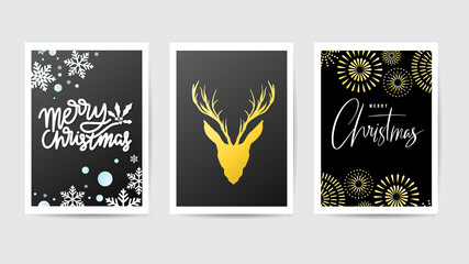 Set of three card Merry Christmas and Happy New Year , Merry Christmas handwritten calligraphy vector and reindeer head symbol isolated  background, Illustration Vector EPS 10