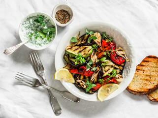 Grilled vegetables eggplant, zucchini, pepper salad with tzadziki Greek yogurt sauce on a light background, top view. Delicious appetizer, tapas, snack