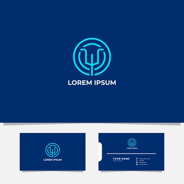 Line Geometric Trident Logo on Circle with Business Card
