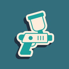 Green Paint spray gun icon isolated on green background. Long shadow style. Vector