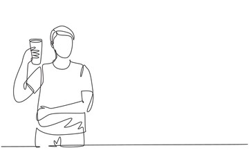 Continuous one line drawing portrait of happy young handsome male holding glass of orange juice. Make him refreshing and enjoyment in summer season. Single line draw design vector graphic illustration