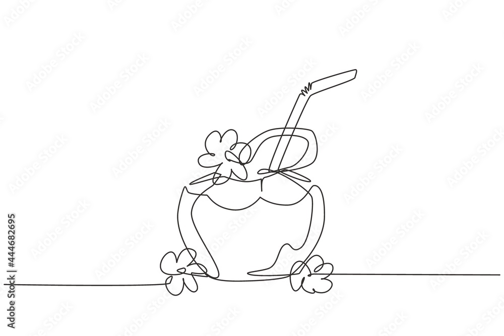Poster continuous one line drawing green coconuts with drinking straw and flower. relieves thirst and dehyd