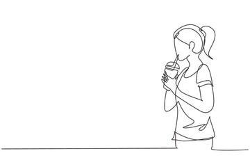 Single one line drawing side view of young adult woman using straw and drinking smoothie juice from plastic cup. Make her refreshing in summer. Continuous line draw design graphic vector illustration