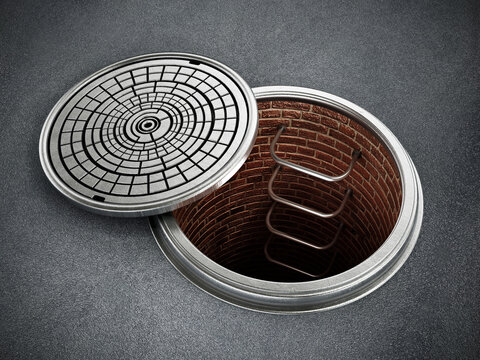 Manhole cover on the asphalt with open lid. 3D illustration