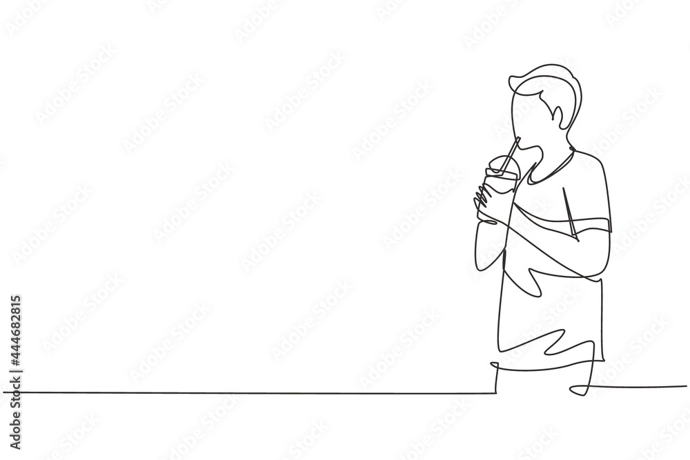 Poster continuous one line drawing side view of young adult man using straw and drinking smoothie juice fro