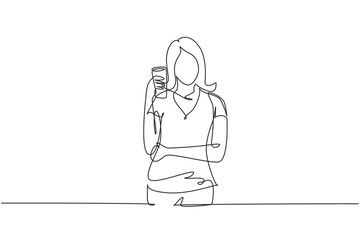 Single one line drawing portrait of happy young beautiful female holding glass of orange juice. Make her refreshing in summer season. Modern continuous line draw design graphic vector illustration