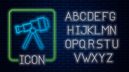 Glowing neon Telescope icon isolated on brick wall background. Scientific tool. Education and astronomy element, spyglass and study stars. Neon light alphabet. Vector