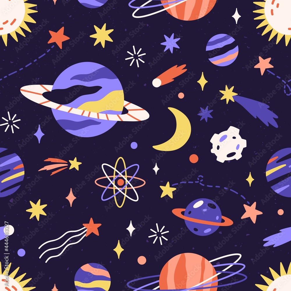 Aufkleber seamless space pattern with planets and stars in dark sky. childish galaxy background. repeatable co