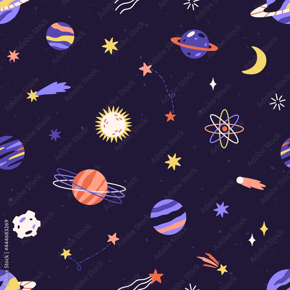 Fototapete Seamless childish pattern with planet, star and comet in space. Cosmos background with celestial objects. Endless repeatable cosmic texture of universe. Colored flat vector illustration for printing