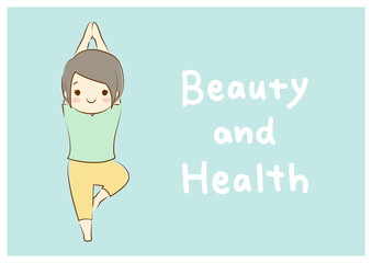 ヨガ,木のポーズ,美容と健康を意識する女性,Beauty and Health文字
