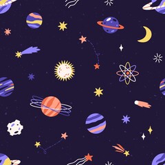 Seamless childish pattern with planet, star and comet in space. Cosmos background with celestial objects. Endless repeatable cosmic texture of universe. Colored flat vector illustration for printing