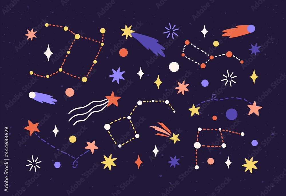 Aufkleber star map with constellations and comets in outer space. cosmic starry night sky with celestial objec