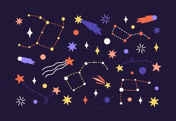 Star map with constellations and comets in outer space. Cosmic starry night sky with celestial objects in cosmos. Astronomical composition. Colored flat vector illustration of universe © Good Studio