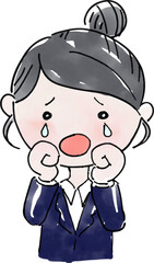 大粒の涙を流して泣くスーツの女性（黒髪おだんごヘア）