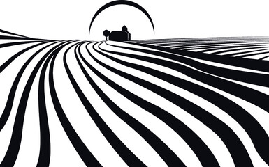 Illustration about farmlands with a building in the background. May be a winery and its vineyards. Illustration /sketch style modern and actual in black and white