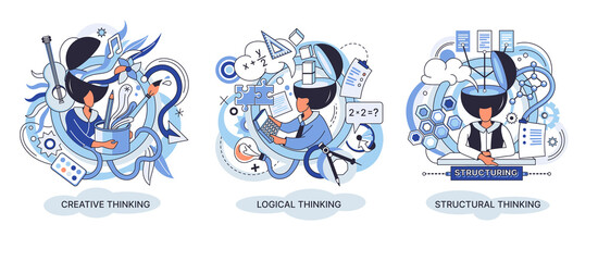 Creative thinking. People with different mental mindset types or model creative. Imaginative logical and structural thinking. MBTI person metaphor. Mind behavior concept. Brain think people solve idea