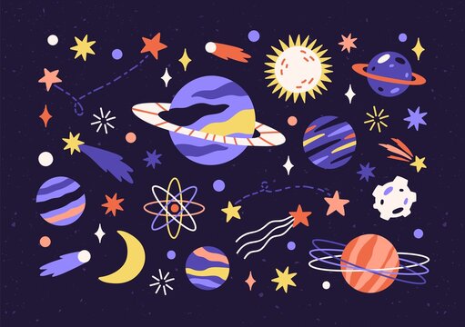 Fototapeta Set of planets, stars, asteroids, and comets in outer space. Bundle of different abstract cosmic objects in cosmos. Childish universe in doodle style. Isolated flat vector illustration