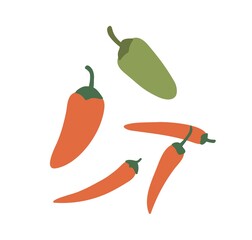 Red and green Mexican jalapeno and hot chili peppers. Whole hot spicy vegetables. Chilli veggies composition. Flat vector illustration of natural organic spice isolated on white background