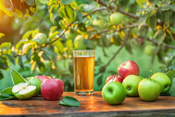 Fresh apple juice and organic apples on wooden table.  Summer orchard in the evening sun rays at the background.