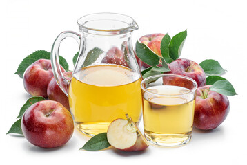 Glass and carafe of fresh apple juice and organic apples isolated on white background.