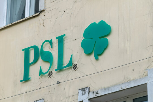 Zielona Gora, Poland - June 1, 2021: Sign and logo of PSL. PSL is Polish People's Party (Polish: Polskie Stronnictwo Ludowe).