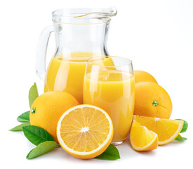 Yellow orange fruits and fresh orange juice isolated on white background.