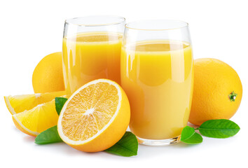 Yellow orange fruits and two glasses of fresh orange juice isolated on white background.