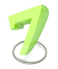 Number 7 green over metallic circle on white background - 3D rendering illustration