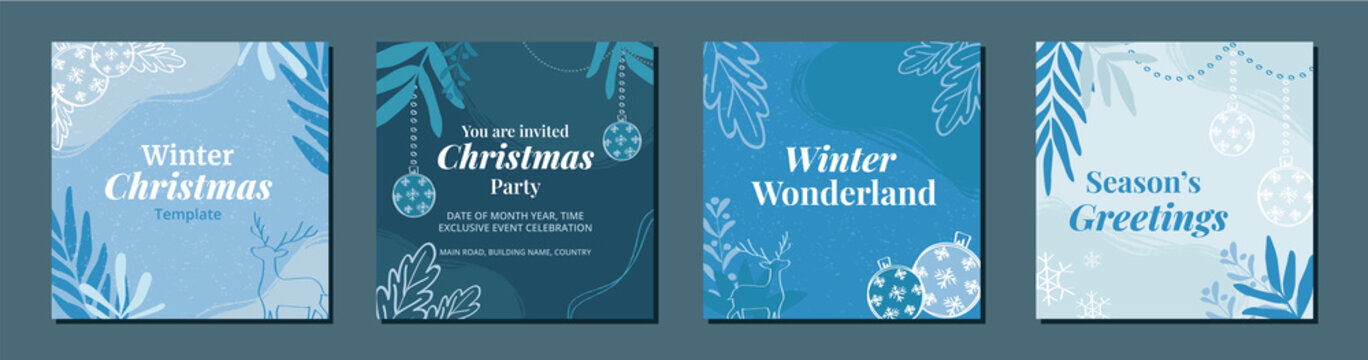 Elegant set of winter christmas holiday posts for social media, advertising, marketing and promotion, modern and abstract minimalist 