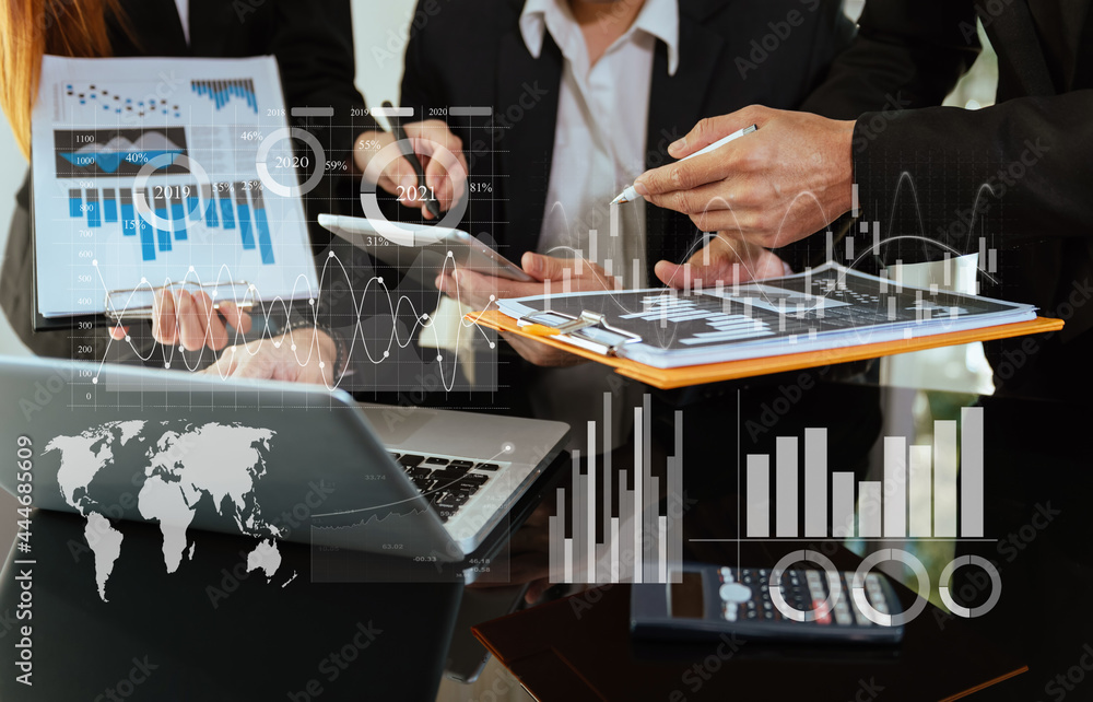 Poster data management system with business analytics concept. business team hands working with provide inf
