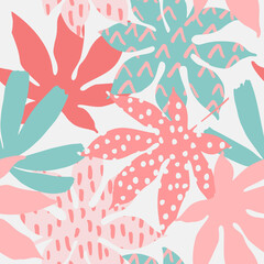Colorful tropic leaves with doodle textures summer seamless pattern