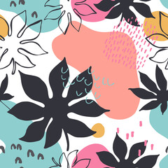 Abstract tropic foliage seamless pattern: palm leaf, monstera plant silhouettes and line art, geometric shapes in minimal style © Tanya Syrytsyna