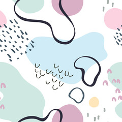 Abstract cute seamless pattern: organic geometric shapes, doodle textures in silhouettes, line art.