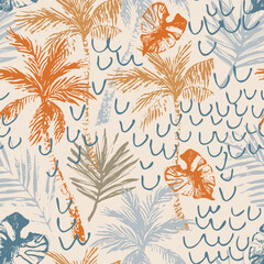 Beautiful abstract tropics seamless pattern. Grunge palm trees, tropical leaves on waved beige background © Tanya Syrytsyna