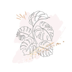 Tropical monstera leaves bush silhouette in line art on pastel pink stain and golden brush strokes background.