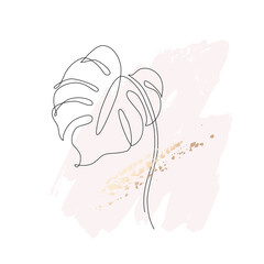 Tropical monstera leaf silhouette in line art on pastel pink stain and golden brush strokes background. © Tanya Syrytsyna