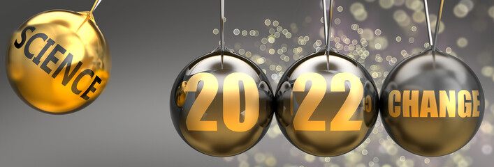 Science as a driving force of a change in the new year 2022 - pictured as a swinging sphere with phrase Science giving momentum to 2022 that leads to a change, 3d illustration