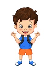 Cartoon happy school boy waving hand