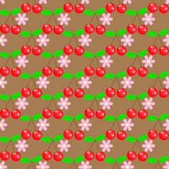 Cherries and flower on brown seamless pattern