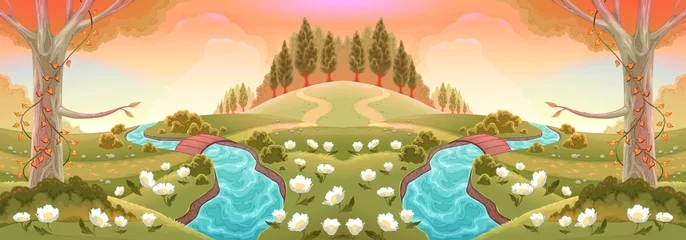 Wandcirkels plexiglas Romantisch landschap met rivieren en bloemen. Vector landschapsillustratie © ddraw