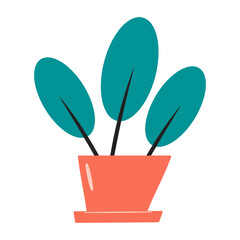 Decorative minimalistic potted houseplant as a home decor poster, greeting card, or addition to your design. Modern flat interior from leaves of large tropical plants, icon. Vector isolated.