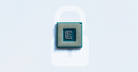 Processor chip. Network digital security technology with computer processor chip on white background. Internet business and networking concept.