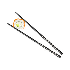 Chopsticks holding sushi roll isolated. Traditional wooden sticks for japanese cuisine food eating