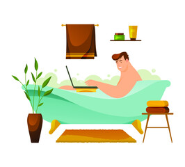 Man or freelancer working at bathroom. Busy person working remote or outsourcing, independent IT worker or designer. Cartoon character relaxing or chill out in bath. Freelance and workspace theme.