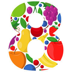 The vector number 8 is made of ripe fruit. An illustration on the topic of numbers and counting.