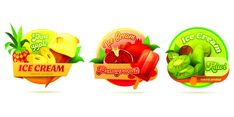 Decorative round labels for ice cream or ice pops. Decorative stickers for pineapple soft cream in waffle cone, pomegranate and kiwi frozen juice on a stick. Summer milky product, cold dessert.