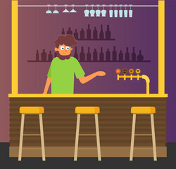 Bar counter with stools and alcohol drink on shelves flat vector illustration