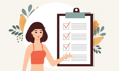 Positive business man with a giant pencil on his shoulder nearby marked checklist on a clipboard paper.  Illustration flat design style