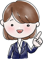 指をさすスーツのかわいい女性（茶髪セミロングヘア）