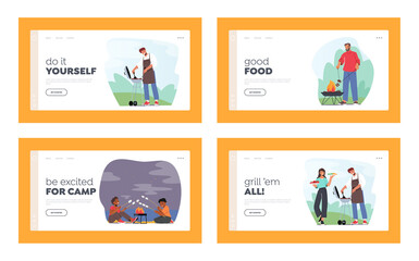 Characters Summertime Fun, Frying Meat on Barbecue Landing Page Template Set. Kids Roast Marshmallow Outdoor